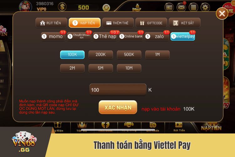 VN68 nạp tiền bằng tài khoản Viettel Pay