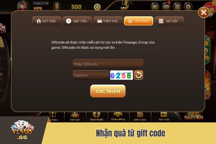 Hướng dẫn thực hiện VN68 nạp tiền bằng gift code