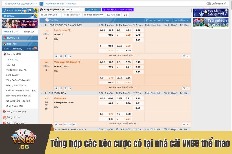 Tổng hợp các kèo cược có tại nhà cái VN68 thể thao