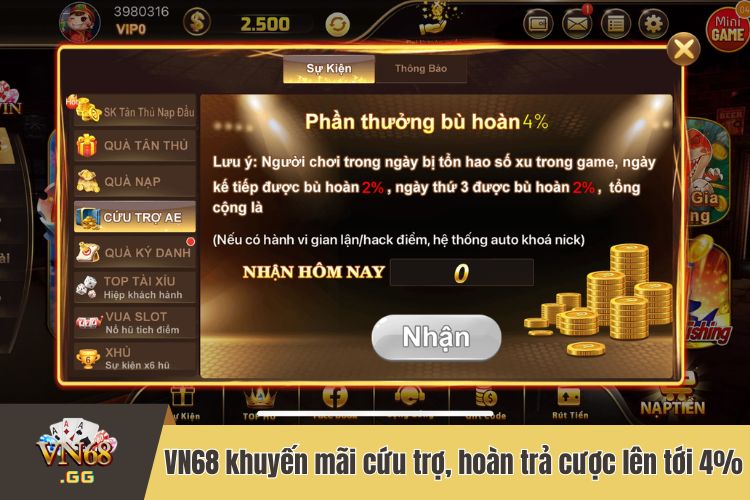 VN68 khuyến mãi cứu trợ, hoàn trả cược lên tới 4%